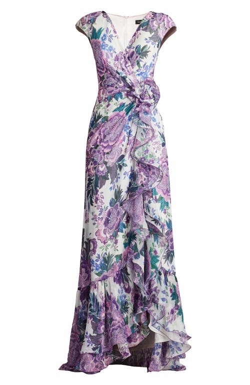 Tadashi Shoji Floral-print Ruffle Gown In White/purple Floral