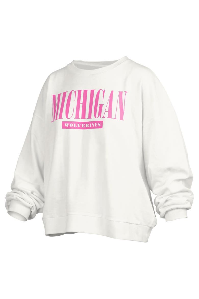 Women's Pressbox White Michigan Wolverines Sutton Janise Waist Length Oversized Pullover Sweatshirt, Main, color, White