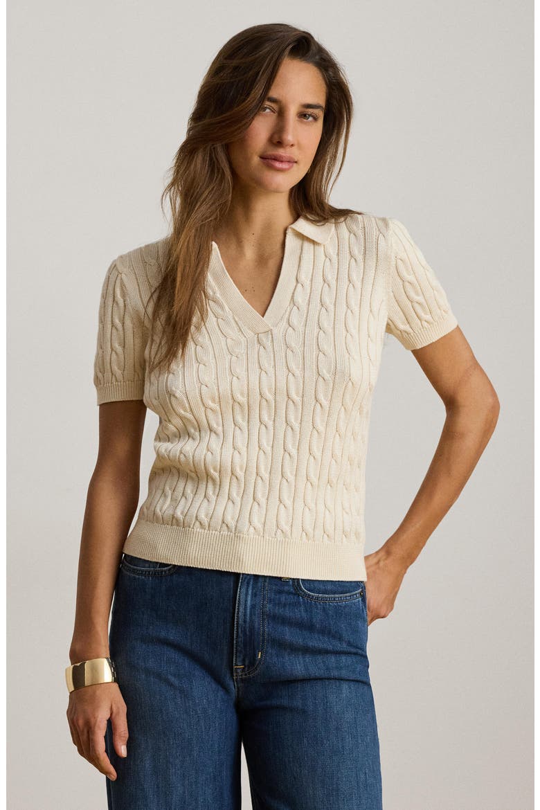 Cable Knit Short Sleeve Sweater, Alternate, color, WINTER CREAM