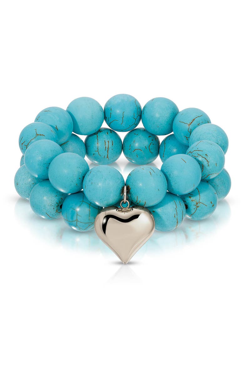 Luck & Love Stone Puffy Heart Stretch Bracelet, Main, color, TURQUOISE AND SILVER