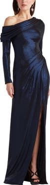 Tadashi Shoji Metallic One-Shoulder Long Sleeve Gown