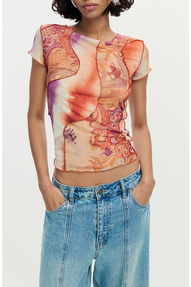 Print Mesh Crop Top, Main, color, ORANGE MULTI
