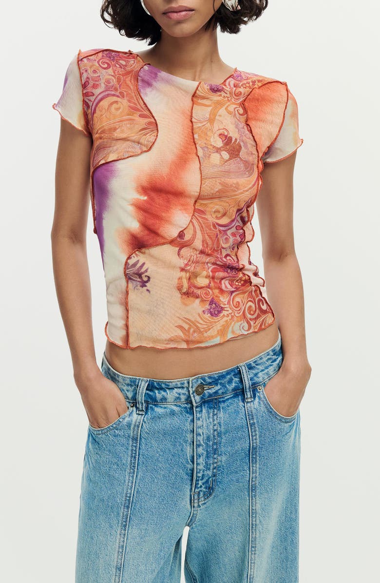 Desigual Print Mesh Crop Top, Main, color, Orange Multi