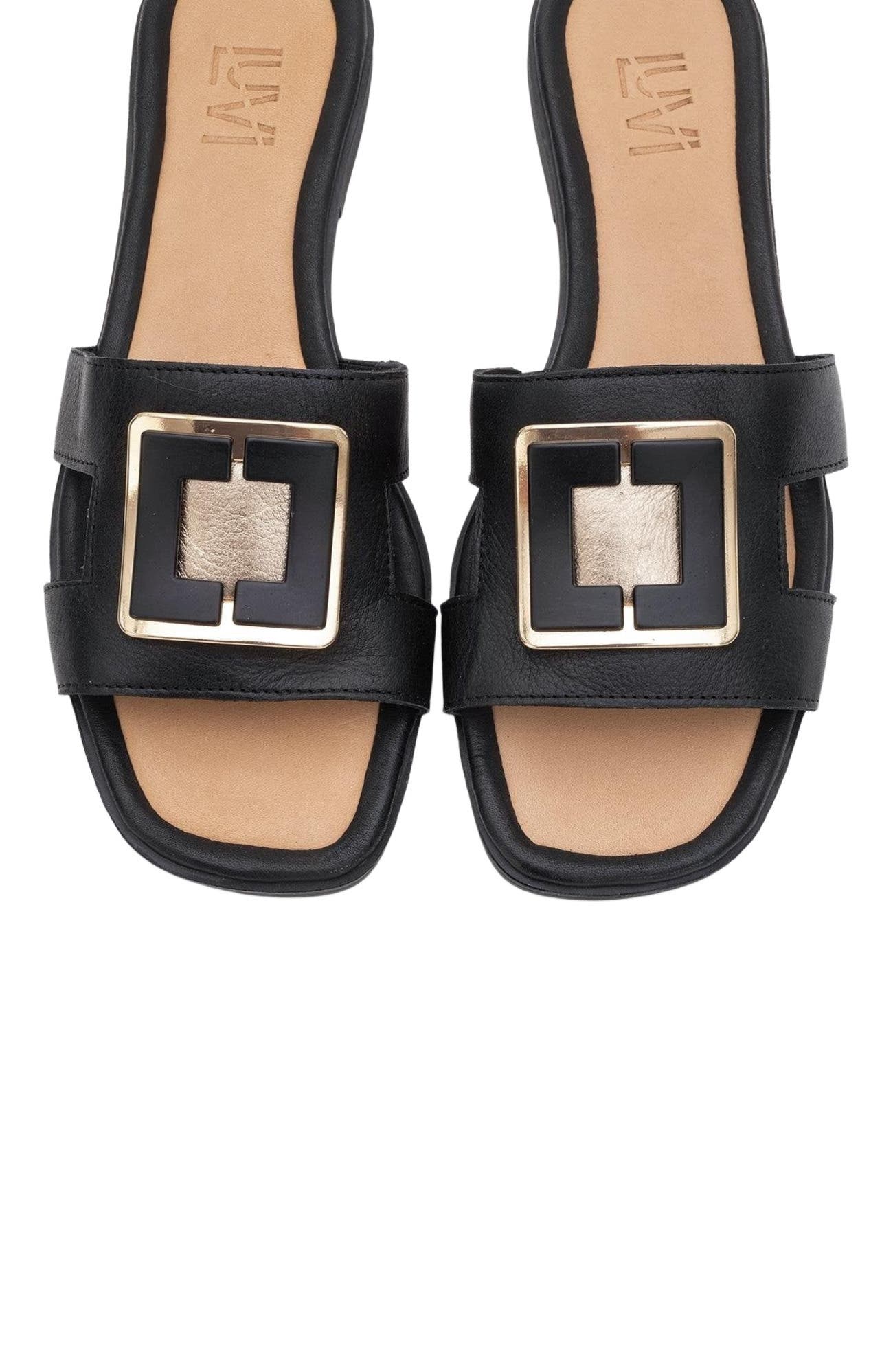 Forever & Always Shoes MILLIE Leather Buckle Slide, Alternate, color, Black Leather