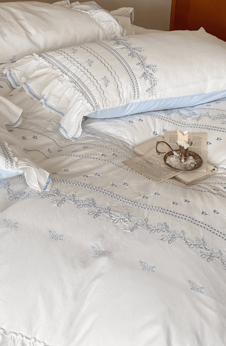 Ever Lasting Embroidered French Lace Ruffle Bedding Set, Alternate, color, Blue / Flat