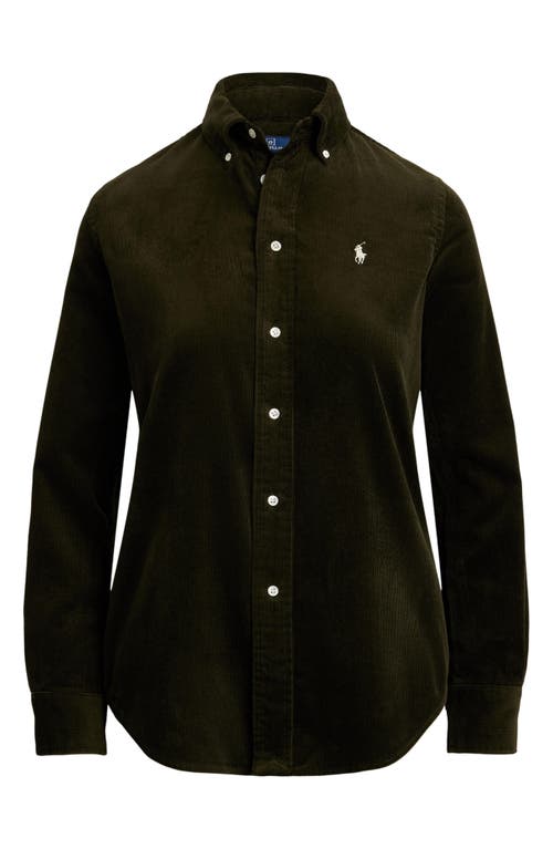 Polo Ralph Lauren Olive Long-sleeve Velvet Ribbed Shirt With Classic Collar In Green