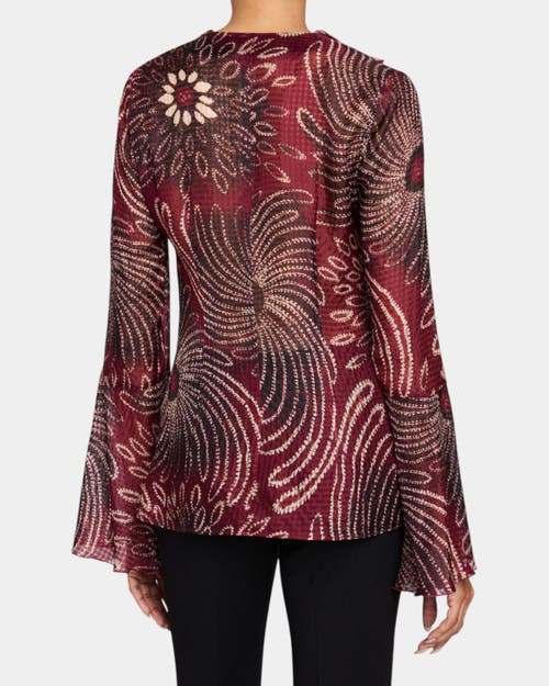 Santorelli Sydney Long Sleeve Button Down Blouse With Ruffles In Silk Modern Gingham Floral Print In Cherry Cola