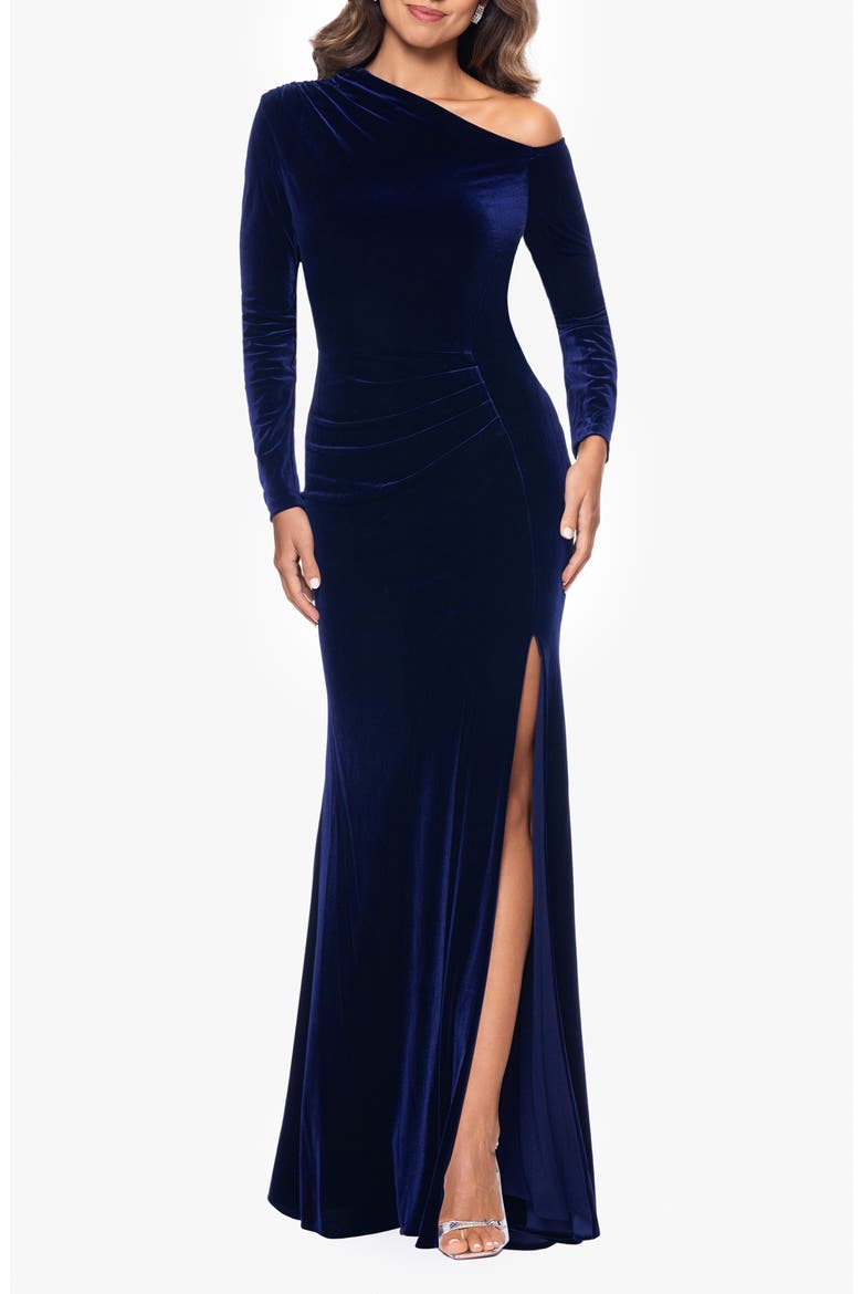 One-Shoulder Long Sleeve Velvet Gown, Main, color, SAPPHIRE