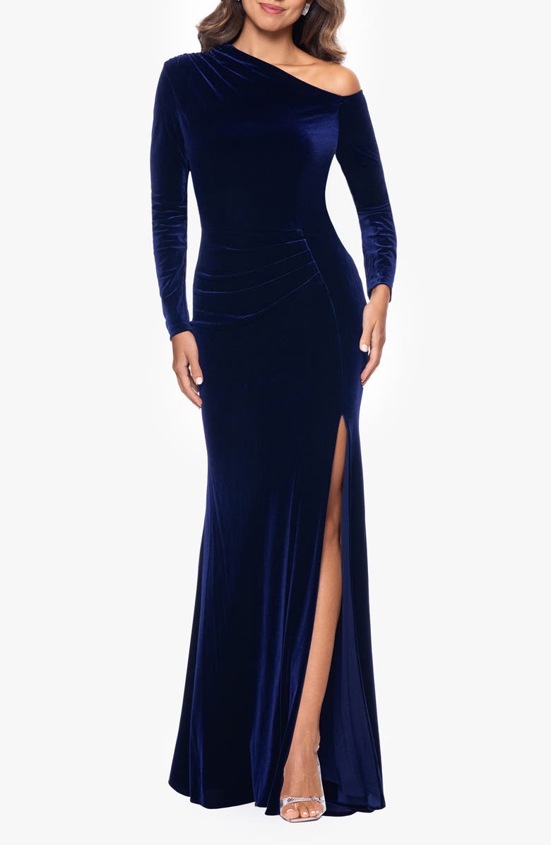 Betsy & Adam One-Shoulder Long Sleeve Velvet Gown, Main, color, Sapphire