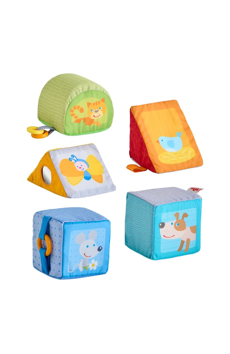 HABA Animal Soft Baby Blocks for 6-12 Months - 5 Geometric Shape Baby Sensory Toys with Rattle, Mirror, Squeaker & Crinkle Foil, Alternate, color, Multi