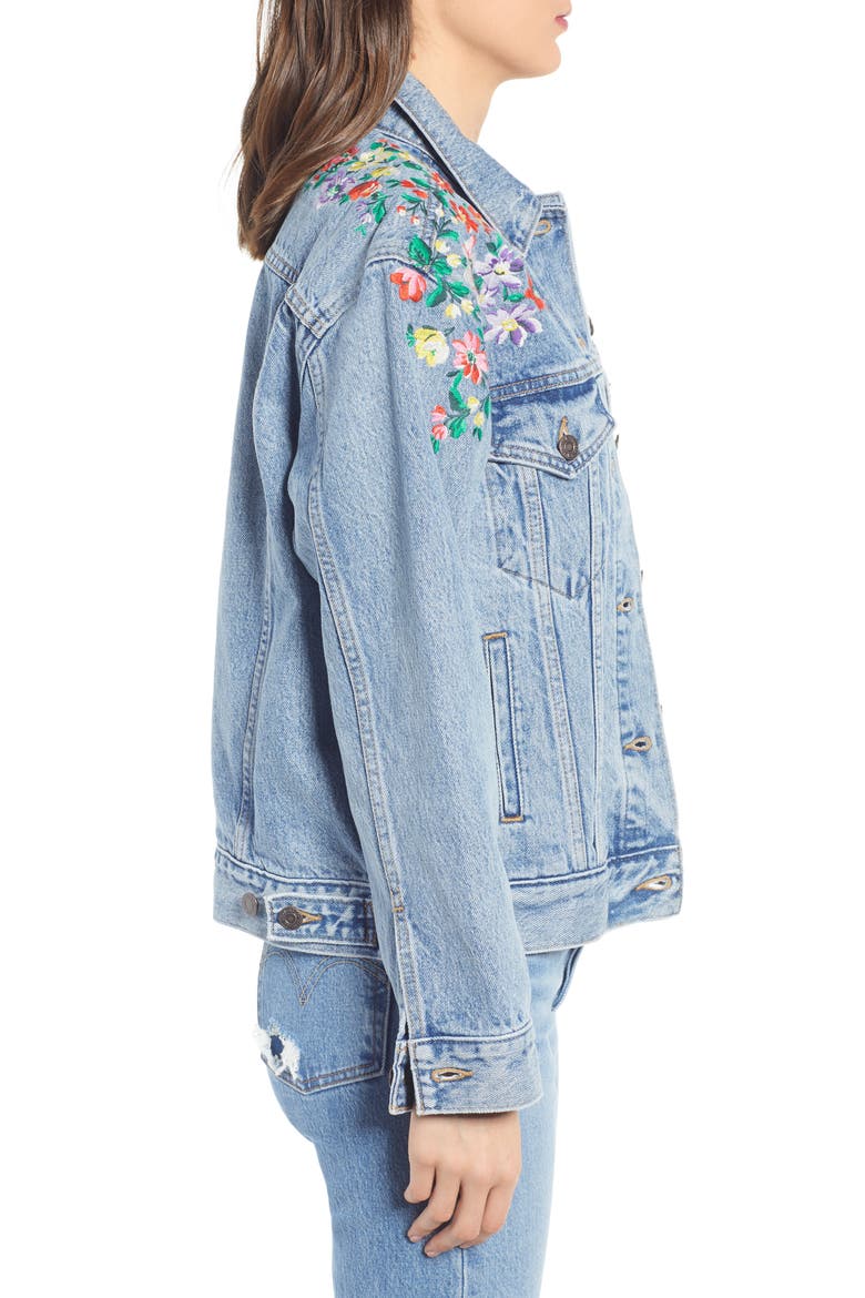 Levi's® Ex-Boyfriend Embroidered Denim Trucker Jacket, Alternate, color, HEARTS OF FLOWERS