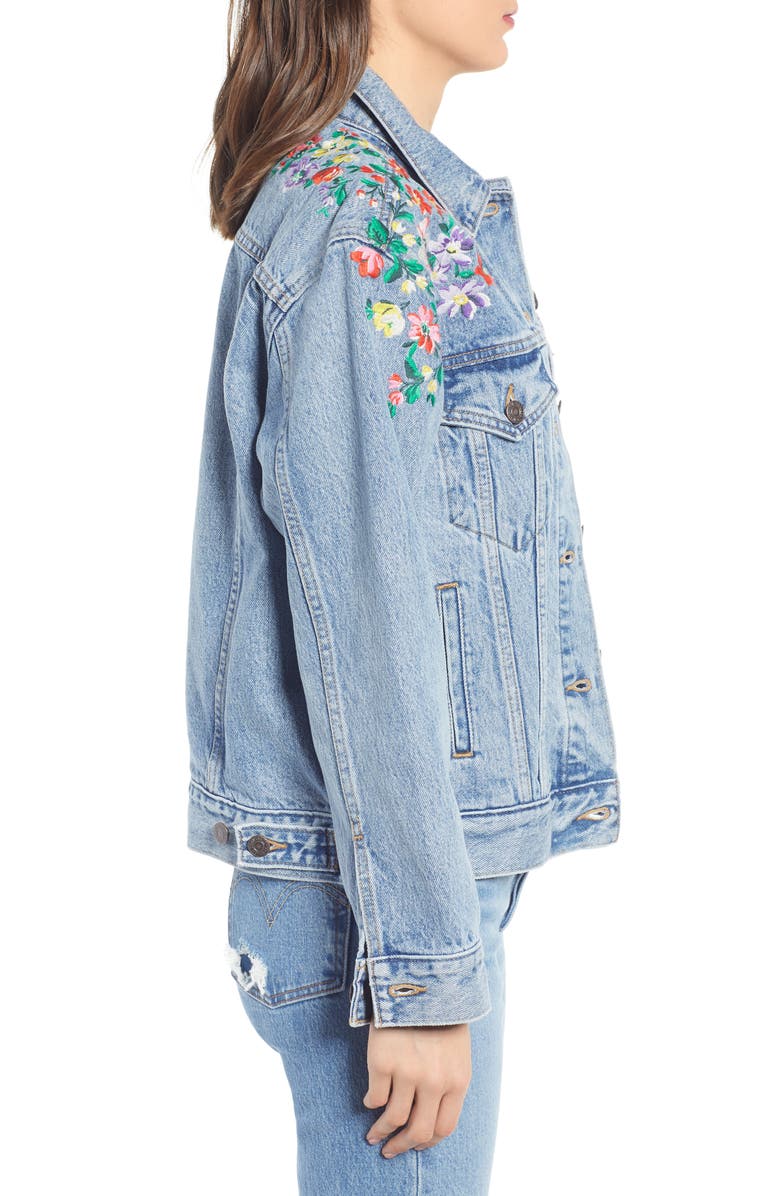Levi's<sup>®</sup> Ex-Boyfriend Embroidered Denim Trucker Jacket, Alternate, color, 