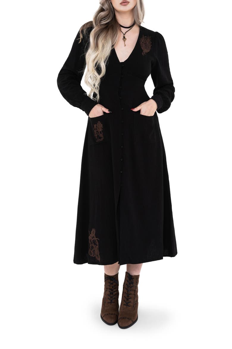 Hexborn Linen-blend Baba Yaga Midi Dress, Main, color, Black