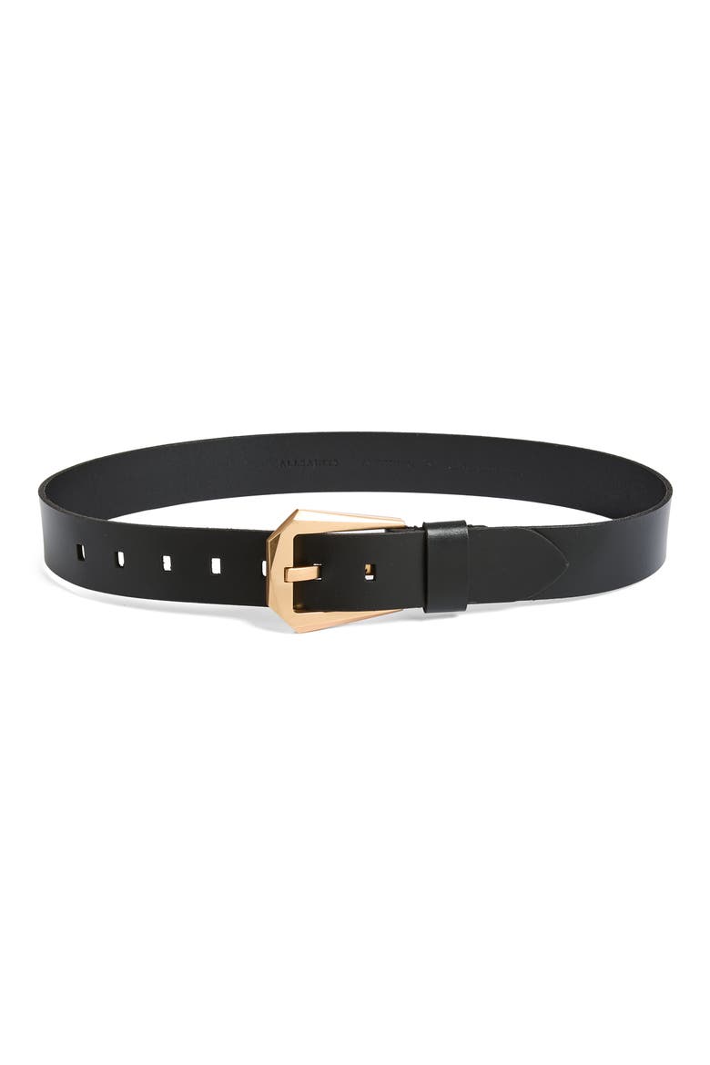 Western Hexagon Buckle Leather Belt, Main, color, BLACK / WARM BRASS