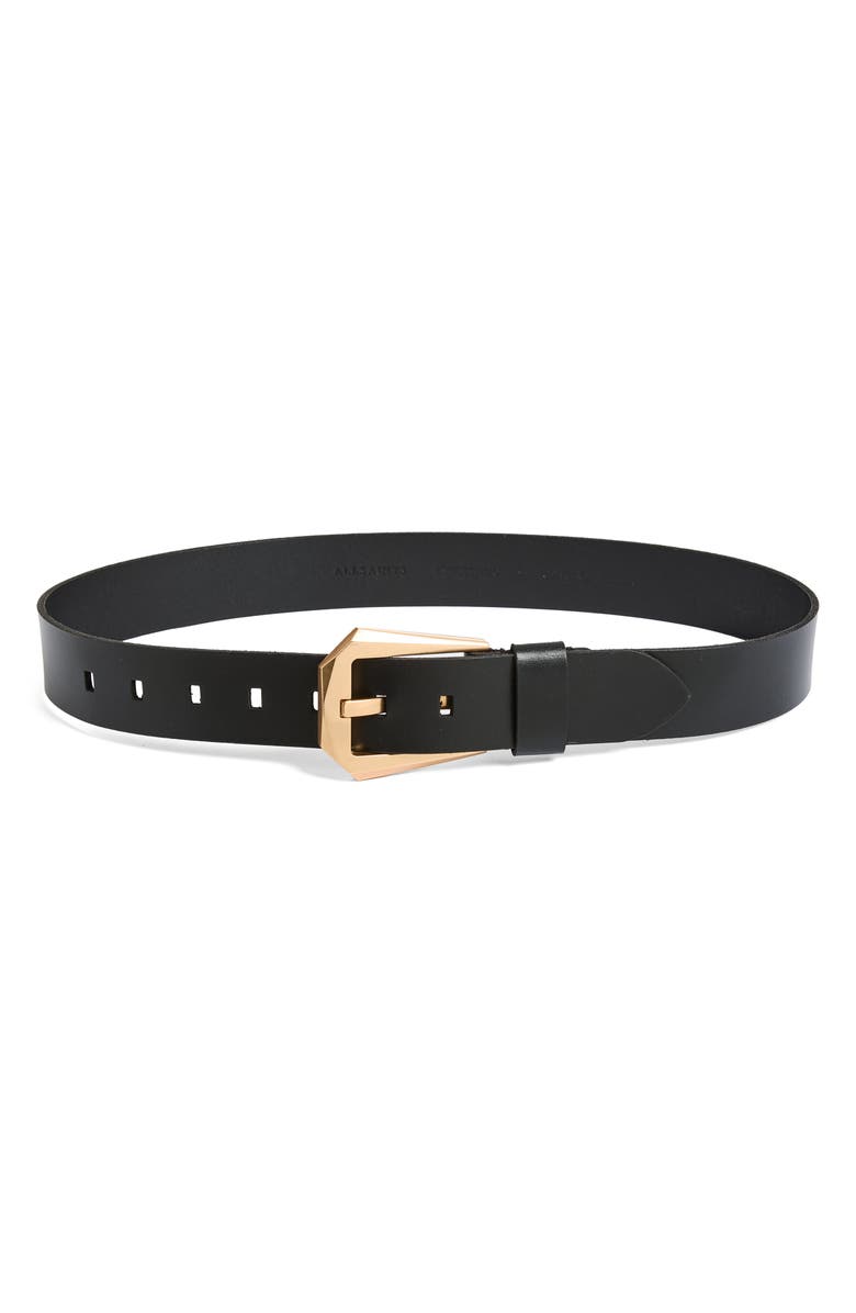 AllSaints Western Hexagon Buckle Leather Belt, Main, color, Black / Warm Brass