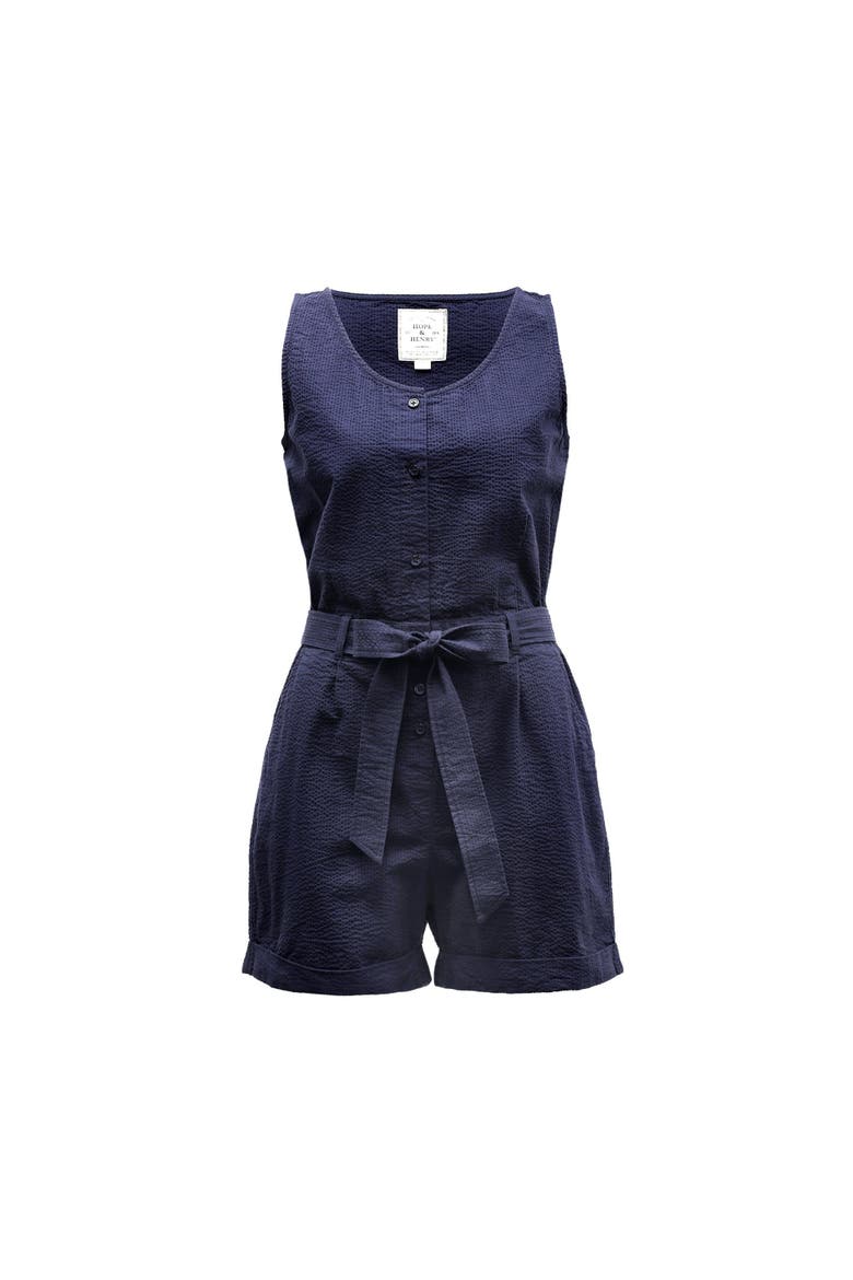 Women's Organic Seersucker Romper, Alternate, color, Navy Seersucker