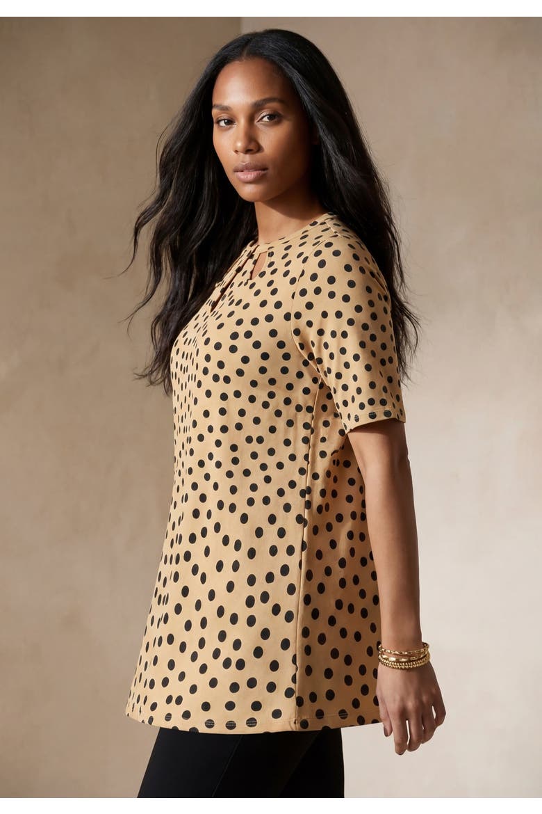 Stretch Knit Cutout Swing Tunic, Alternate, color, NEW KHAKI BLACK DOT