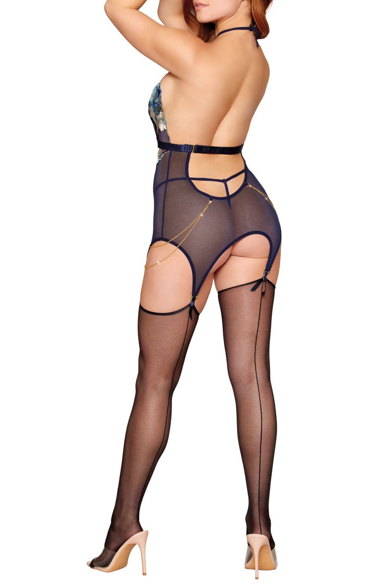 Dreamgirl Floral Embroidered Basque & G-String Set, Alternate, color, Denim