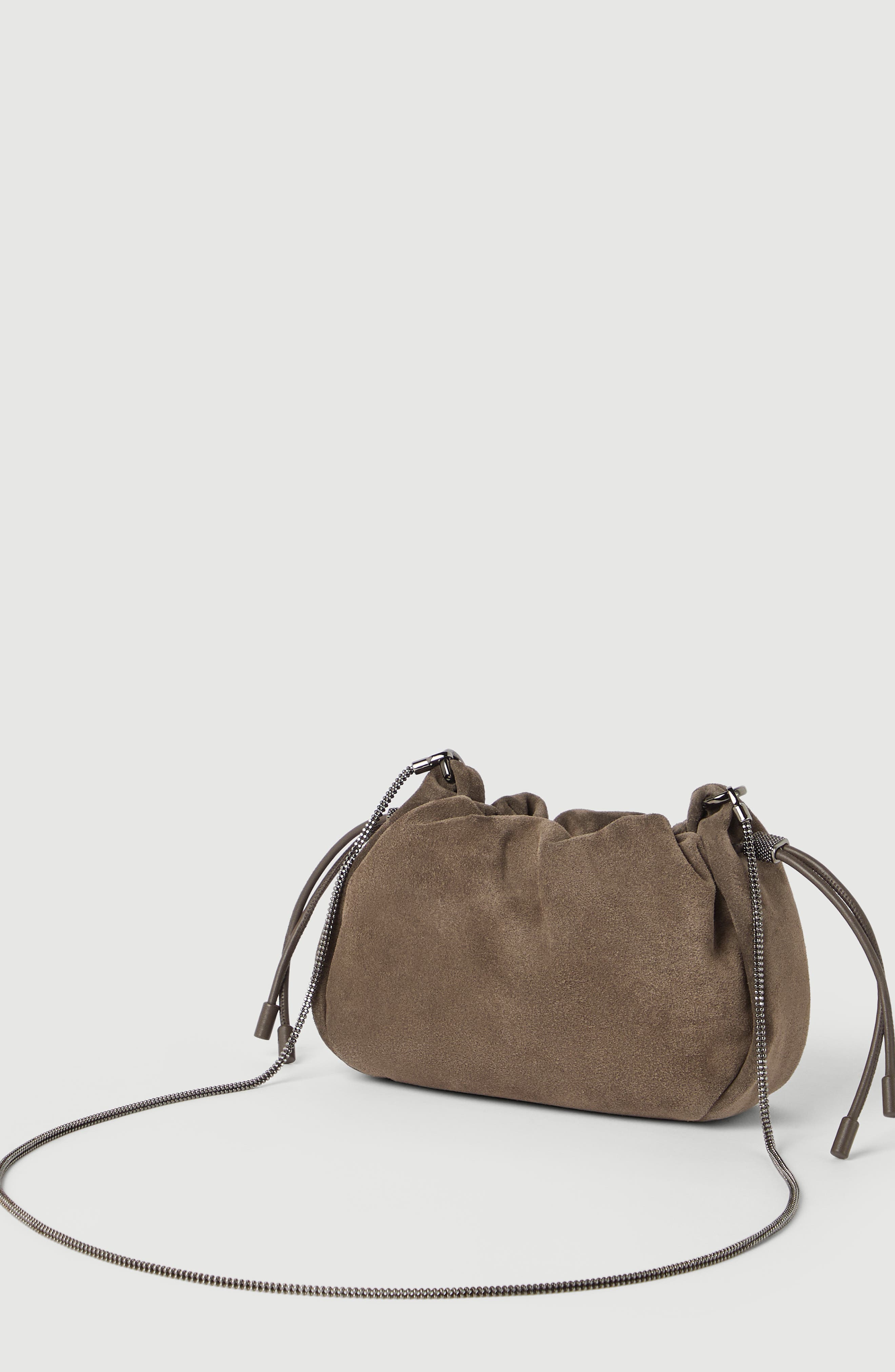 Mellow mini bucket bag in suede with precious chain, Alternate, color, Light Brown