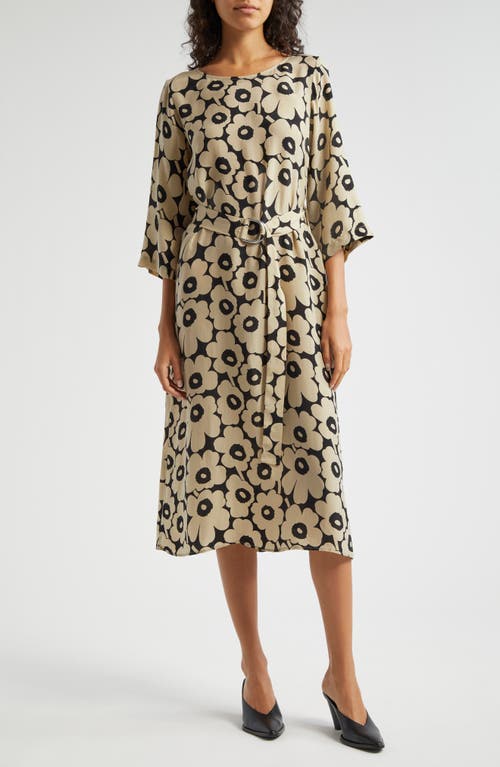 Marimekko Tiheys Unikko Belted Three-Quarter Sleeve Cupro Dress in Beige/Black 