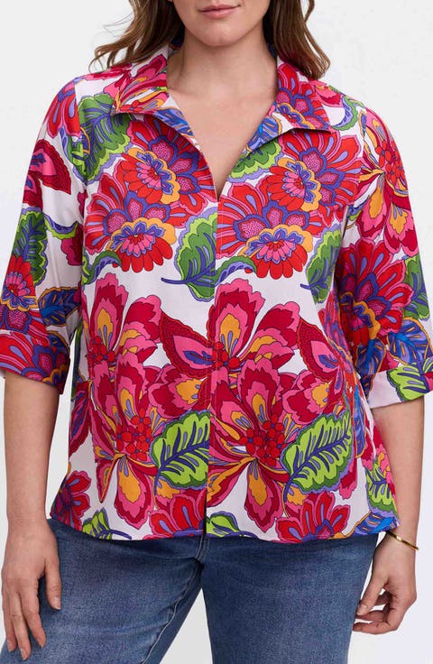 Agnes Paradise Blooms Three-Quarter Sleeve Cotton Popover Top (Plus)