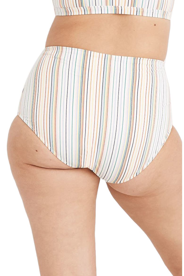 Second Wave Retro Rainbow Stripe High-Wasted Bikini Bottoms, Alternate, color, RAINBOW STRIPE CLOUD LINING