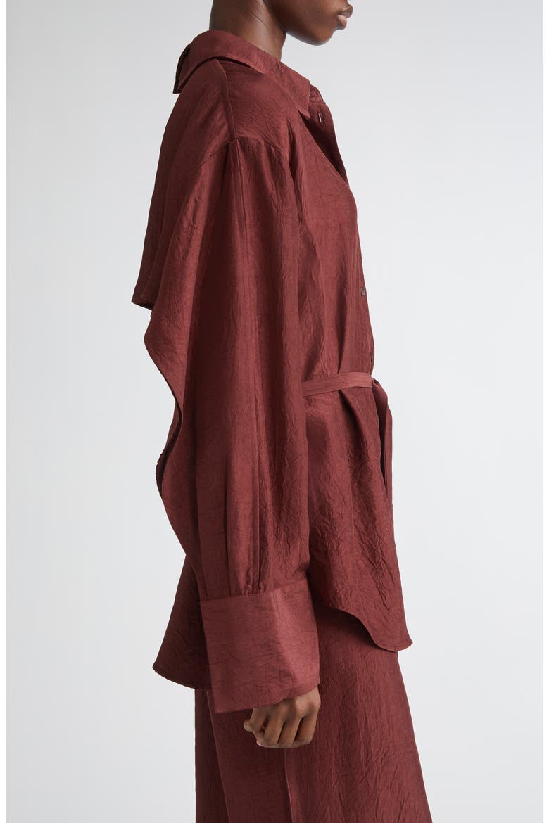 Oversize Belted Crinkled Satin Button-Up Top, Alternate, color, MEDJOOL
