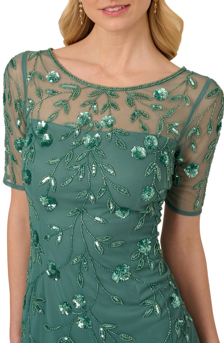 Adrianna Papell Floral Beaded Cocktail Dress, Alternate, color, Green Slate