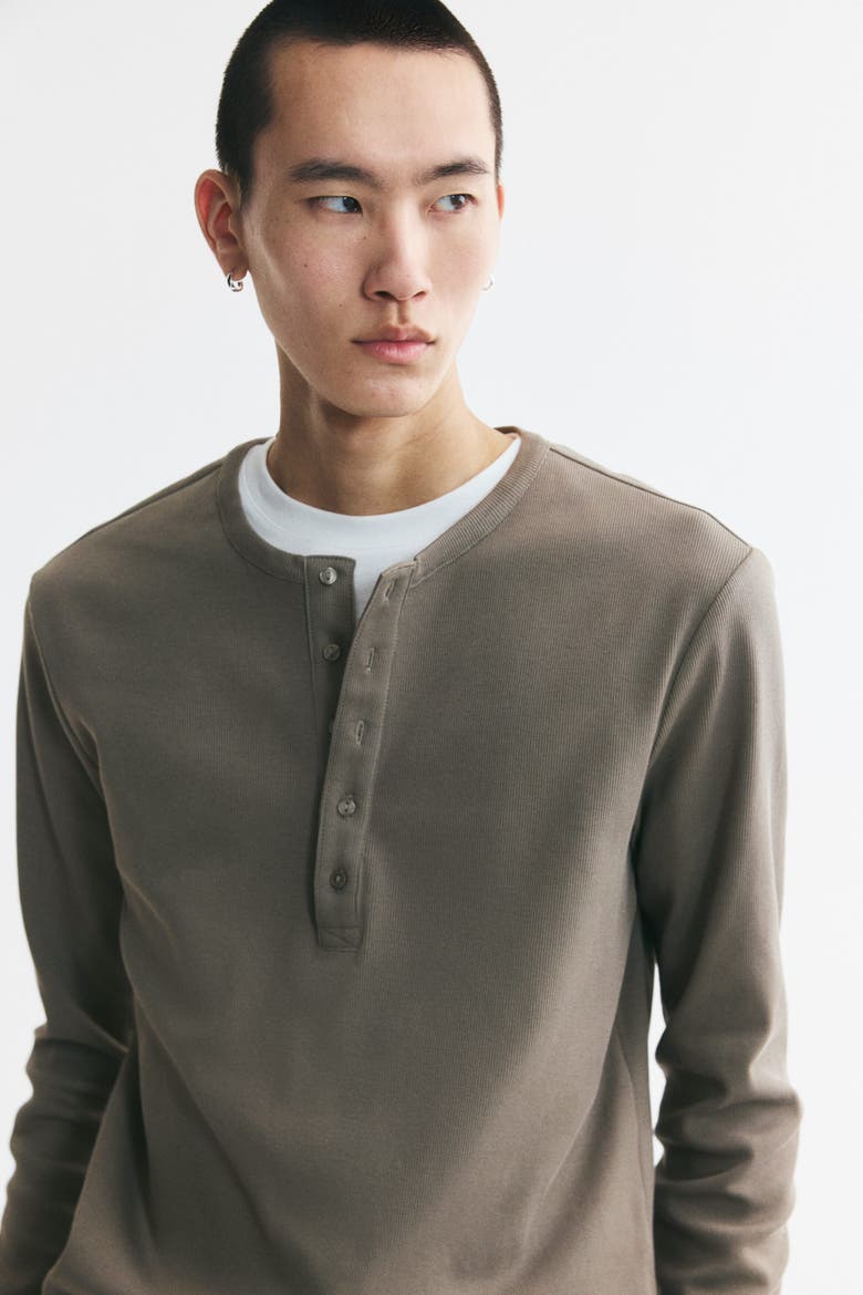 Slim-fit Ribbed Henley Shirt, Alternate, color, Khaki green