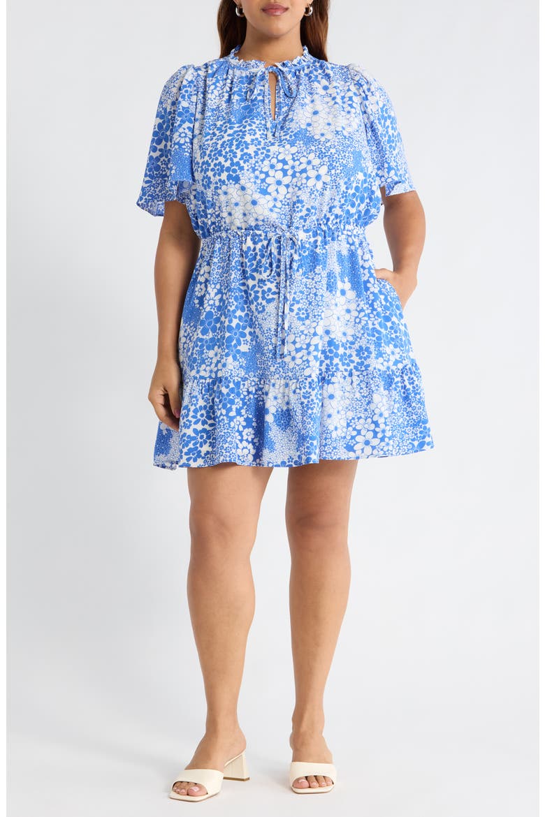 Floral Print Flutter Sleeve Dress, Main, color, WHITE BLUE