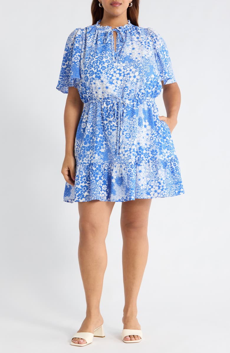 SUGARLIPS Floral Print Flutter Sleeve Dress, Main, color, White Blue
