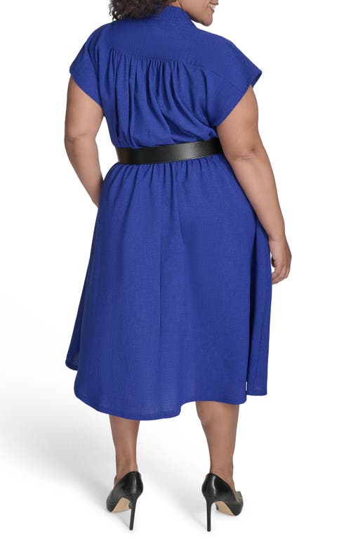 Calvin Klein Crosshatch Cap Sleeve Belted Midi Dress In Ultramarine