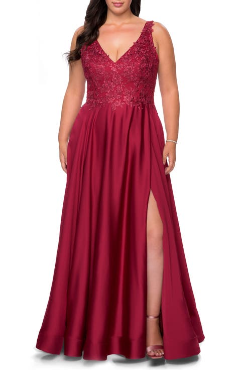 A-line Plus Size Dress with Rhinestone Lace Bodice