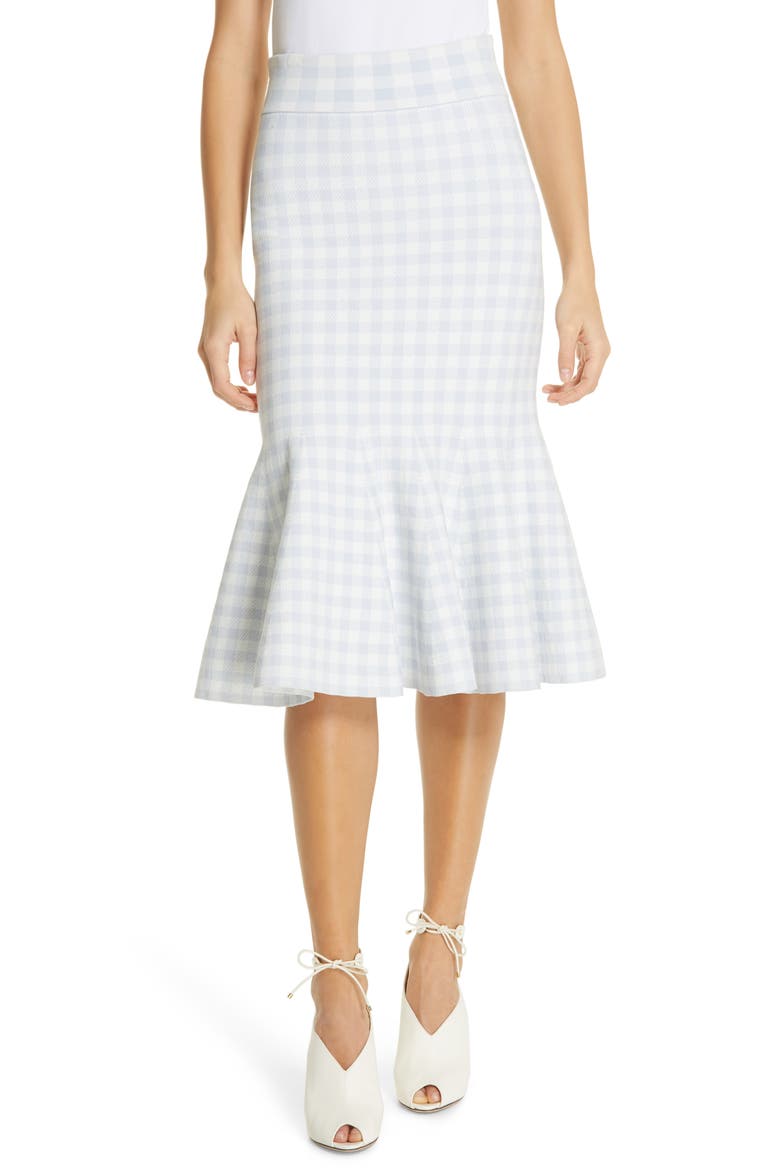 Jonathan Simkhai Gingham Knit Trumpet Skirt, Main, color, LIGHT BLUE