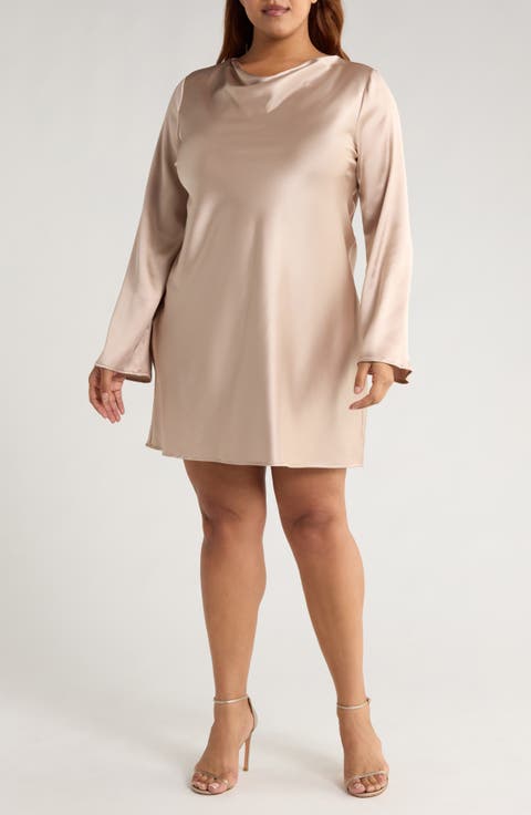 Cowl Neck Long Sleeve Satin Minidress (Plus)