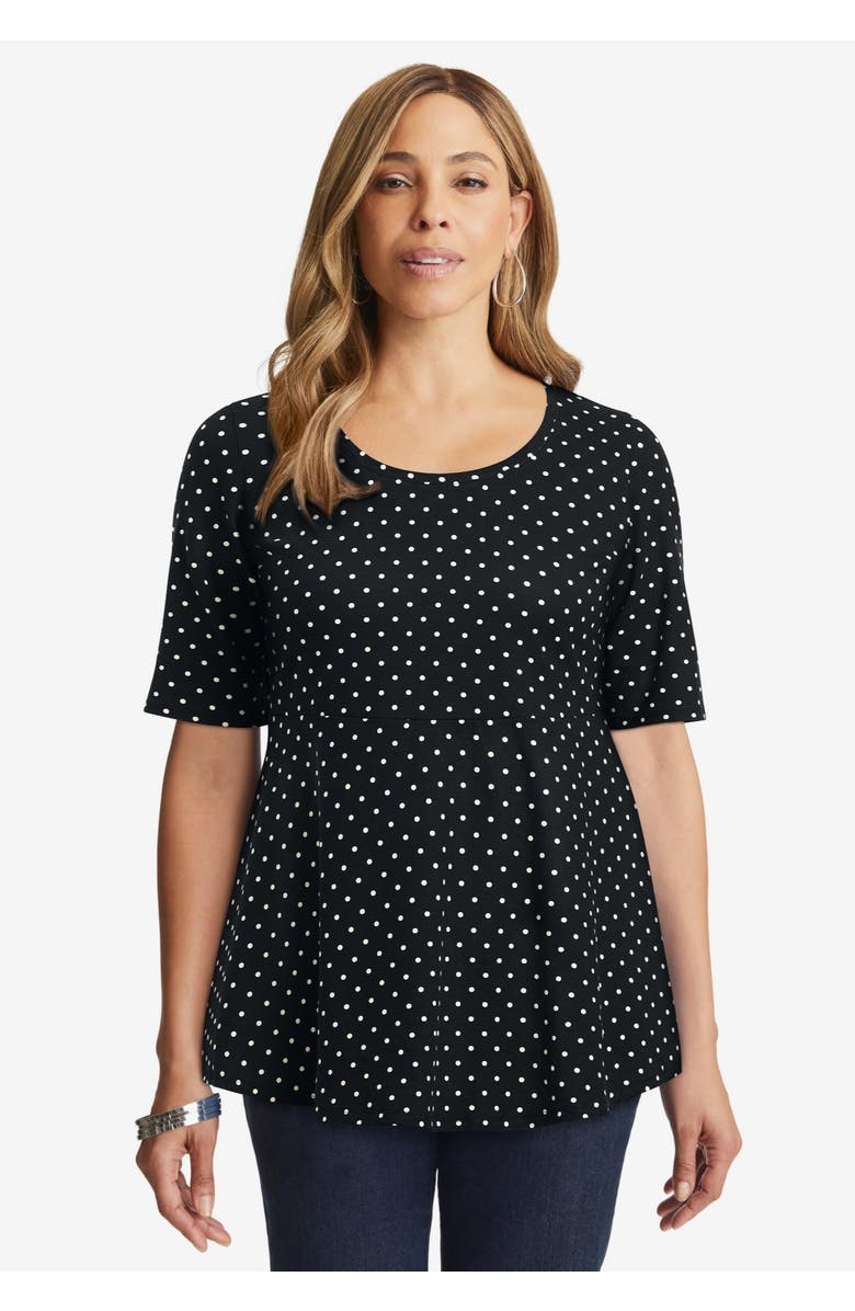 Jessica London Stretch Cotton Peplum Tunic, Alternate, color, Black Ivory Dot