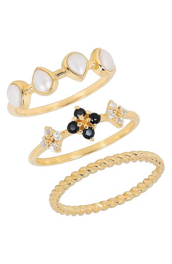 Ys Gems Set Of 3 Cultured Pearl, Black Spinel & White Topaz Rings In White
