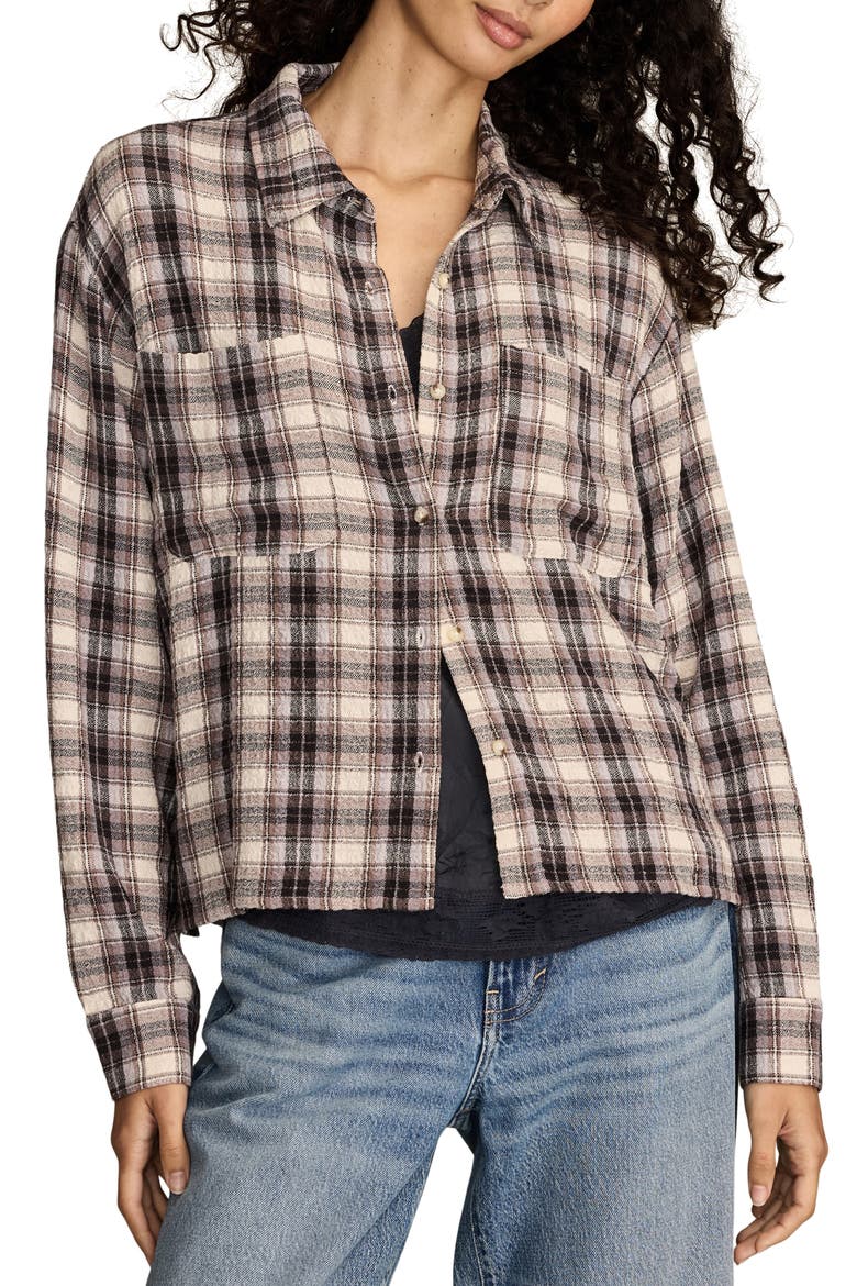 Plaid Crop Button-Up Shirt, Main, color, CREAM PLAID