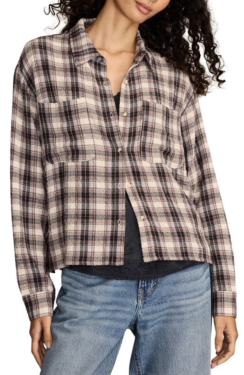 Lucky Brand Plaid Crop Button-Up Shirt, Main, color, Cream Plaid
