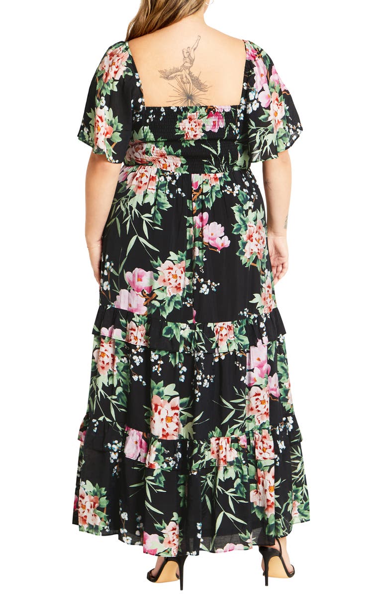 City Chic Marci Tiered Print Maxi Dress, Alternate, color, Blk Sweet Blossom