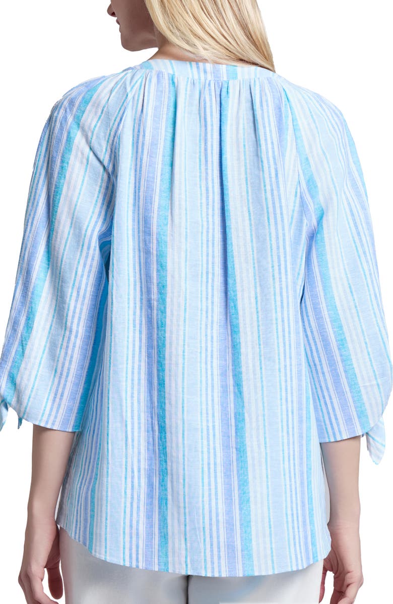 Jones New York Stripe Three Quarter Sleeve Linen Blend V-Neck Top, Alternate, color, 