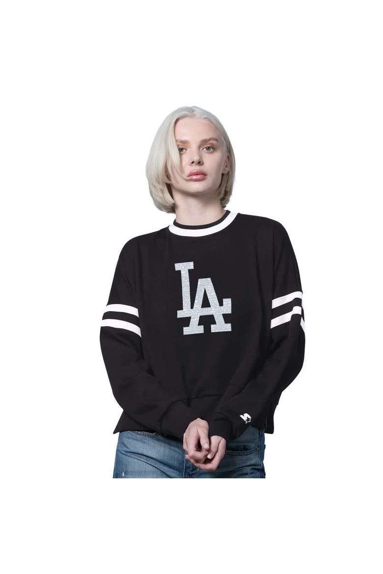 Women's Starter Black Los Angeles Dodgers Rally Cropped Drop Shoulder Crewneck Sweatshirt, Main, color, Black