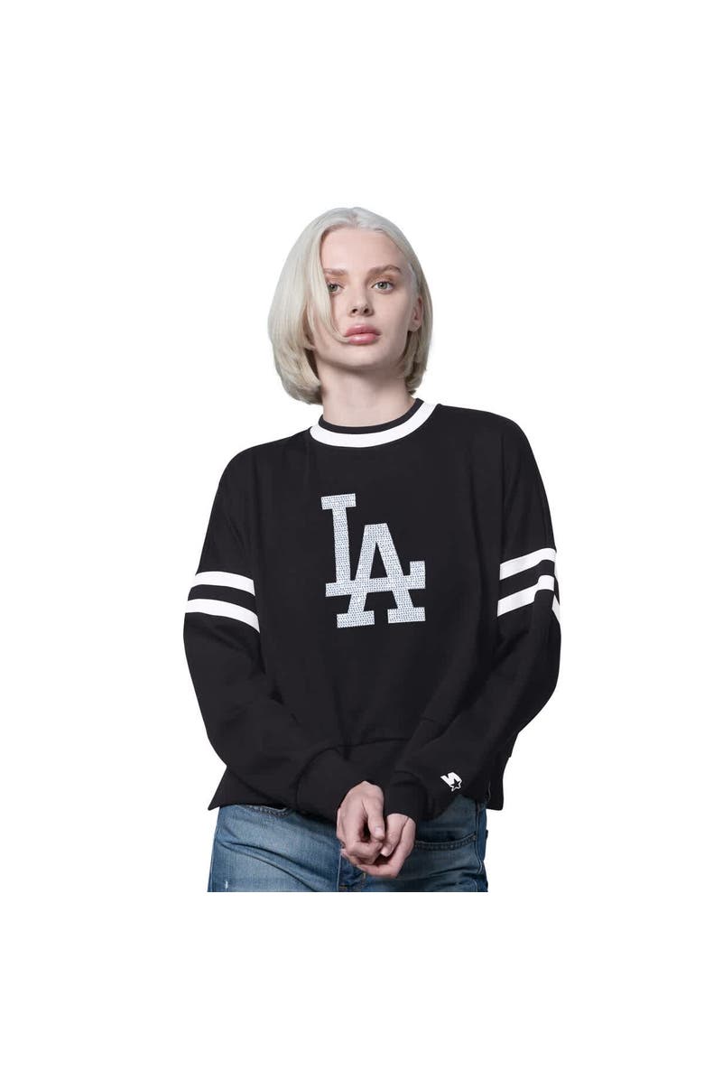 STARTER Women's Starter Black Los Angeles Dodgers Rally Cropped Drop Shoulder Crewneck Sweatshirt, Main, color, Black
