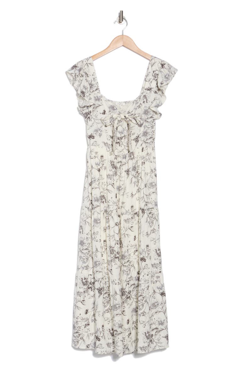 Smocked Bow Detail Midi Dress, Alternate, color, BLACK MULTI