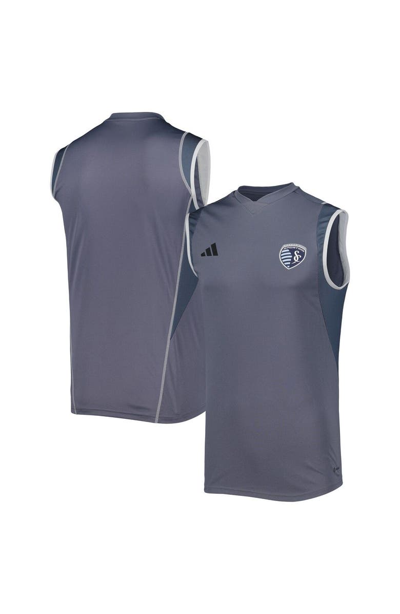 adidas Men's adidas Gray Sporting Kansas City 2023 On-Field Sleeveless Training Jersey, Main, color, Gray