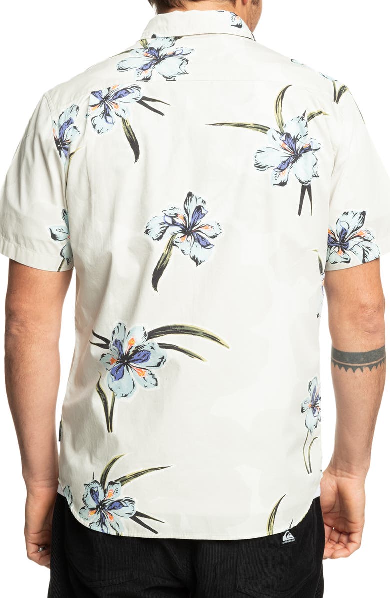 Quiksilver Apero Floral Short Sleeve Stretch Cotton Button-Up Shirt, Alternate, color, Silver Birch Print