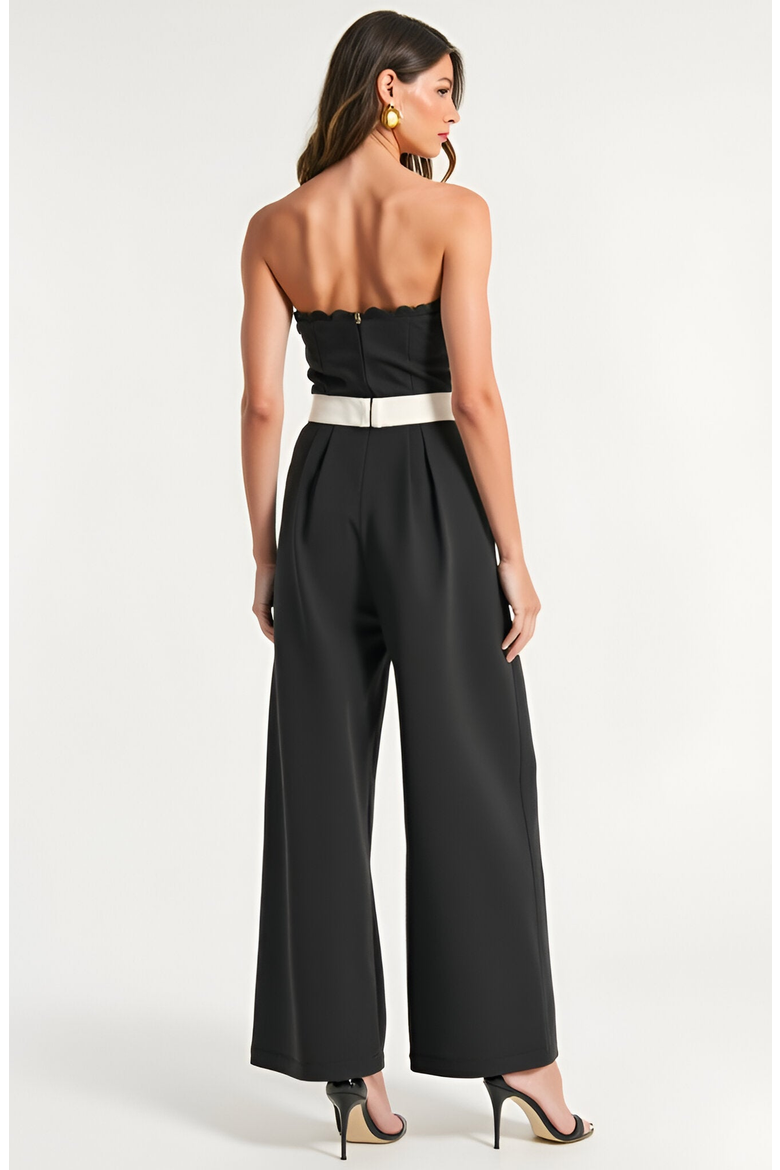 Strapless Jumpsuit with Scalloped Bodice, Waist Belt and Wide-Leg Pants, Alternate, color, Black