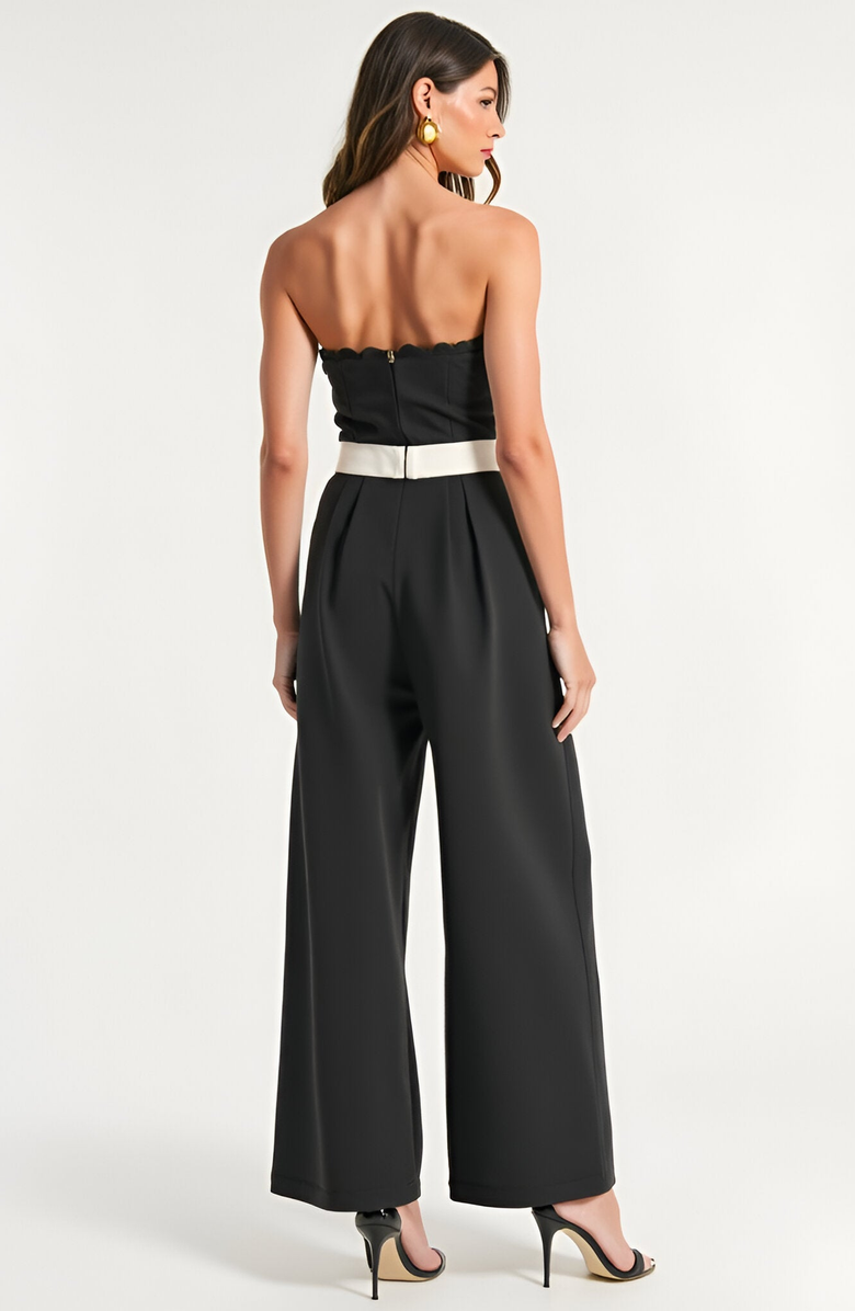 Modenaire Strapless Jumpsuit with Scalloped Bodice, Waist Belt and Wide-Leg Pants, Alternate, color, Black