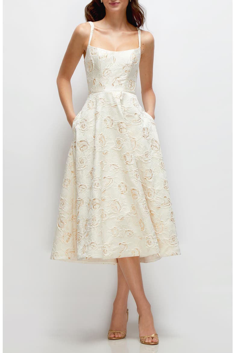 ivory and gold cocktail dresses Scoop Neck Ivory Gold Rosette Midi Dress with Horsehair Hem in Ivory Gold Rosette (Print)