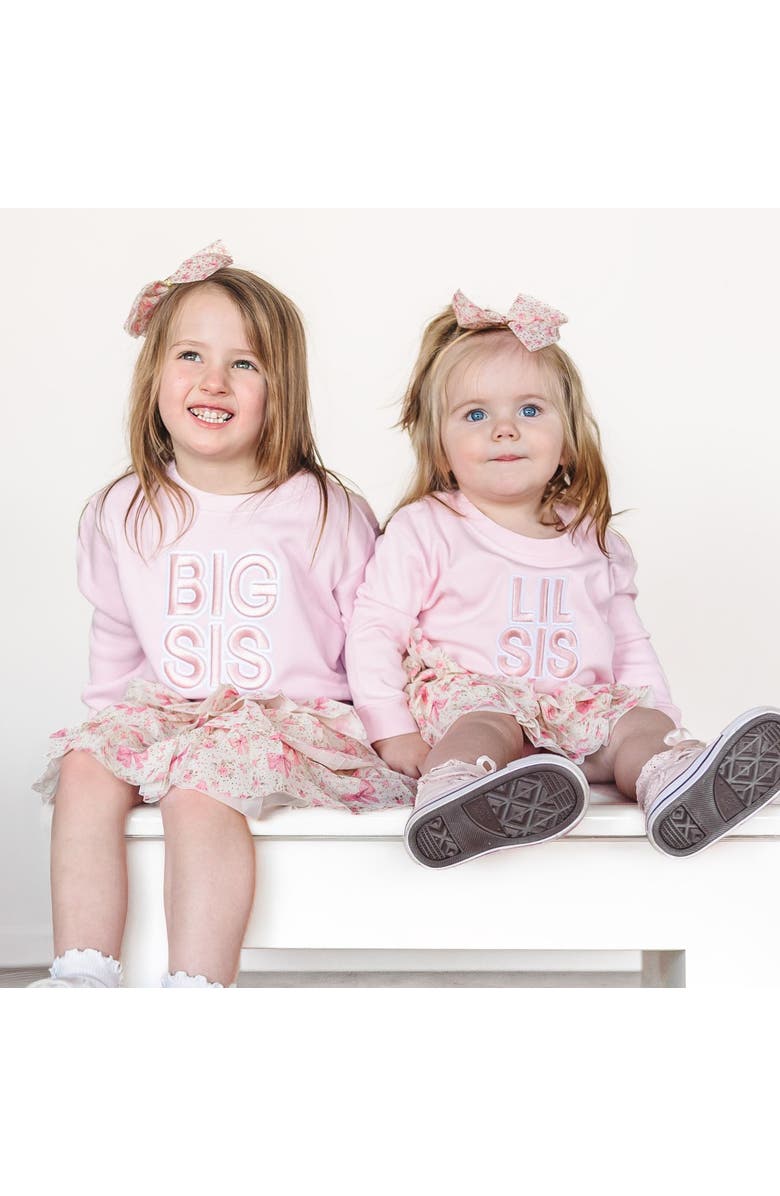 Sweet Wink Lil Sis Embroidered Patch Long Sleeve Romper, Alternate, color, Ballet Pink